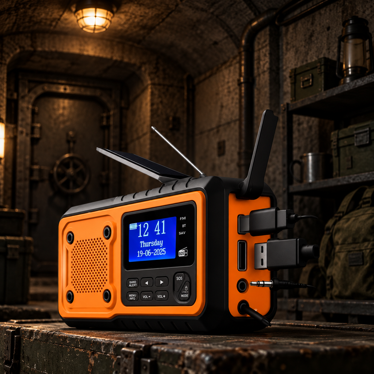 Oransje nødradio med solcellepanel og antenne